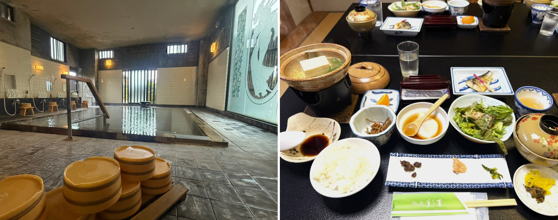 「湯之宿 彩香」,是當地頗具盛名的溫泉旅宿,提供標準的和室與和洋式客房。浴室水龍頭流出的就是源泉掛流溫泉,即使不想前往大浴場,也能在房內悠閒獨享泡湯時光。