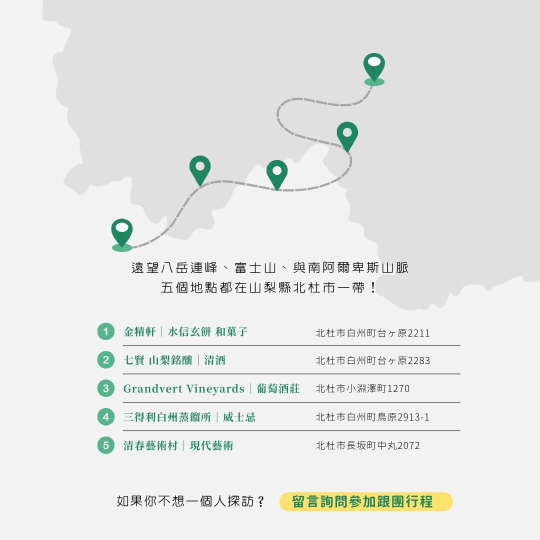 山梨縣北杜市5個旅遊景點地圖——金精軒、七賢、Grandvert Vineyards、三得利白州蒸餾所、清春藝術村的位置路線圖