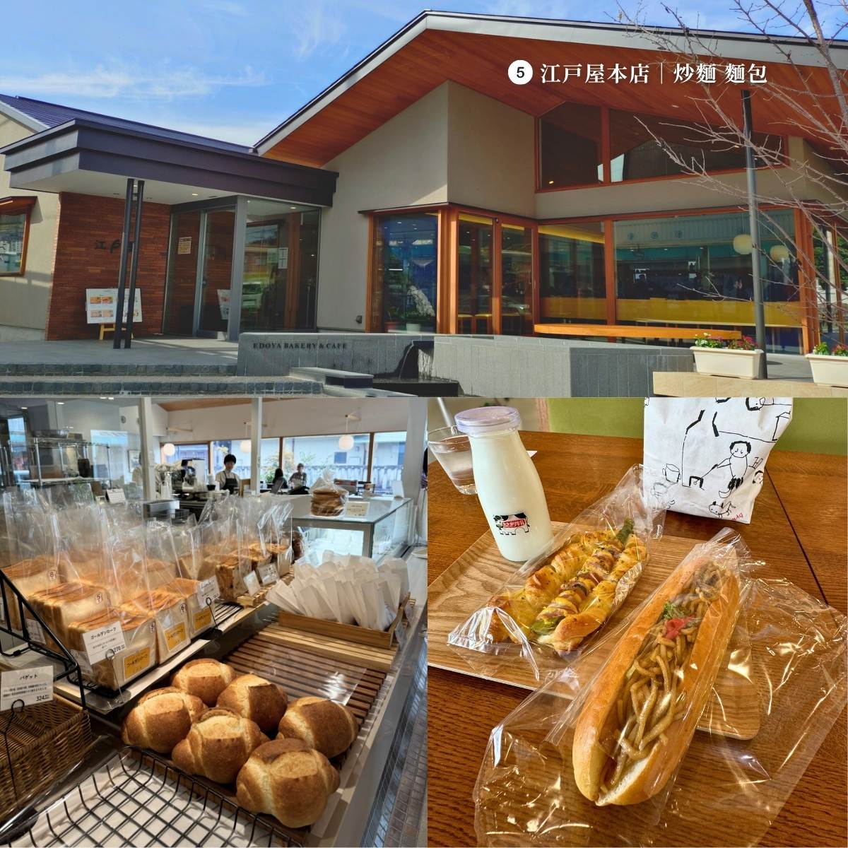 江戶屋本店 EDOYA BAKERY & CAFE——店面外觀、麵包陳列與富士宮炒麵麵包特寫，靜岡富士宮淺間大社旁人氣麵包店