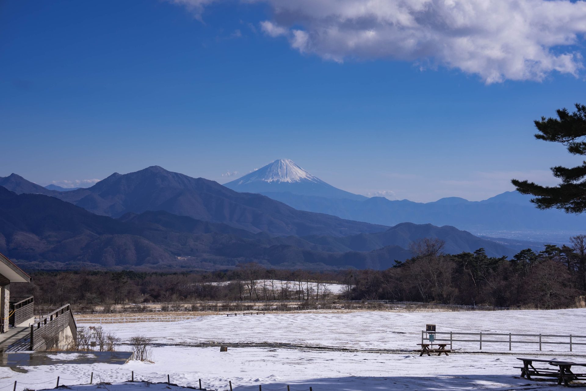 從山梨八岳高原眺望積雪的富士山全景，雪地牧場與藍天白雲共同構成日本深度旅遊才能抵達的絕景